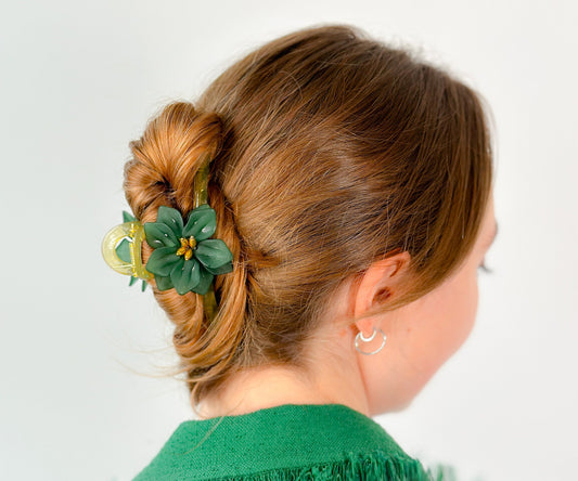 Flower Hair Claw Clip Green and White